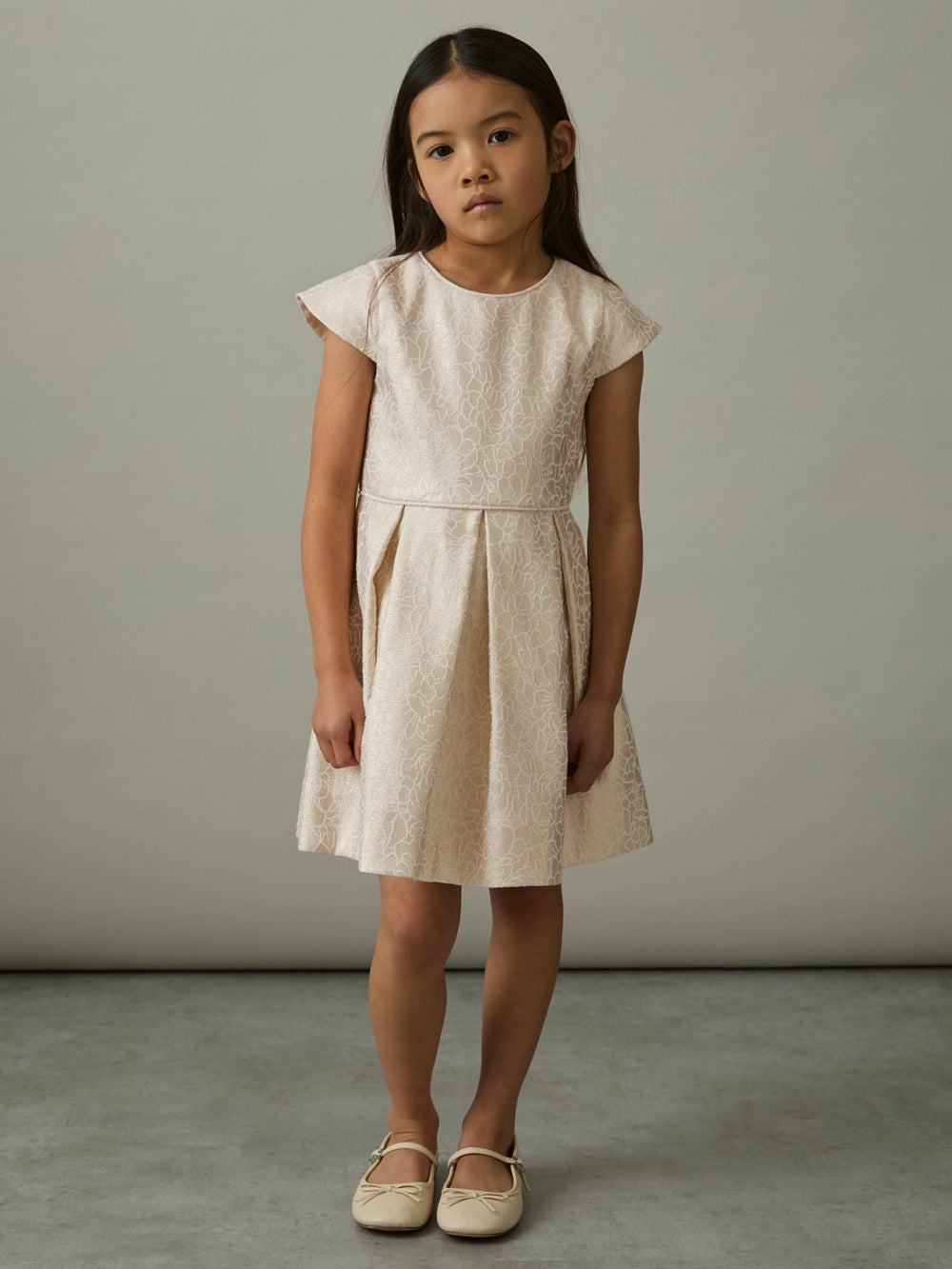 13-14 yrs Brocade Cap-Sleeve Pleated Dress Ivory | Children