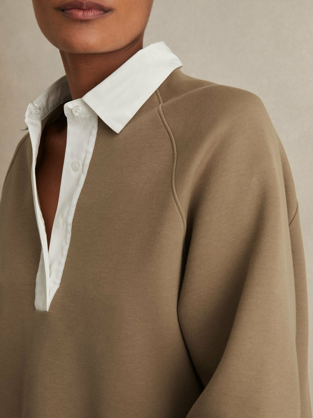 Cotton-Blend Interlock Collar Sweatshirt Camel | Womens