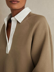 Cotton-Blend Interlock Collar Sweatshirt Camel | Womens