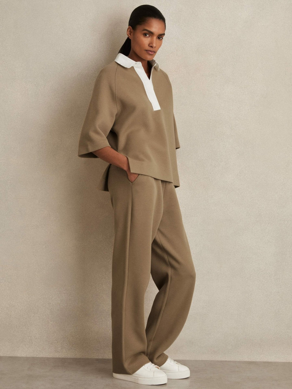 Cotton-Blend Interlock Collar Sweatshirt Camel | Womens