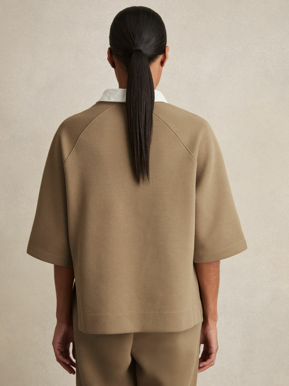 Cotton-Blend Interlock Collar Sweatshirt Camel | Womens