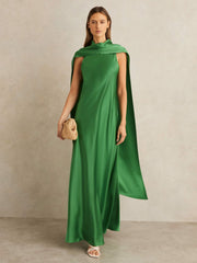 Petite Satin Cape Maxi Dress Green | Womens