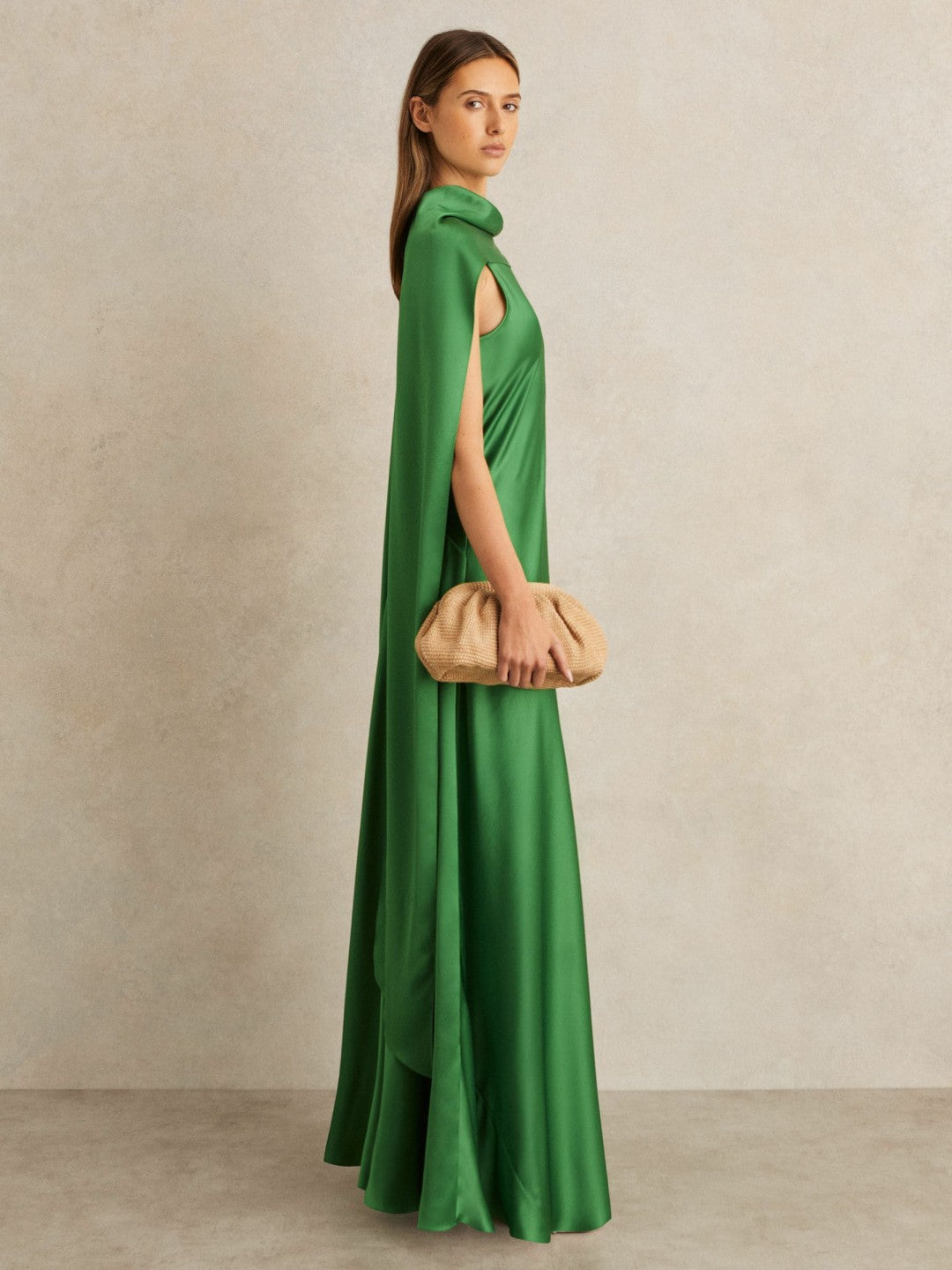 Petite Satin Cape Maxi Dress Green | Womens