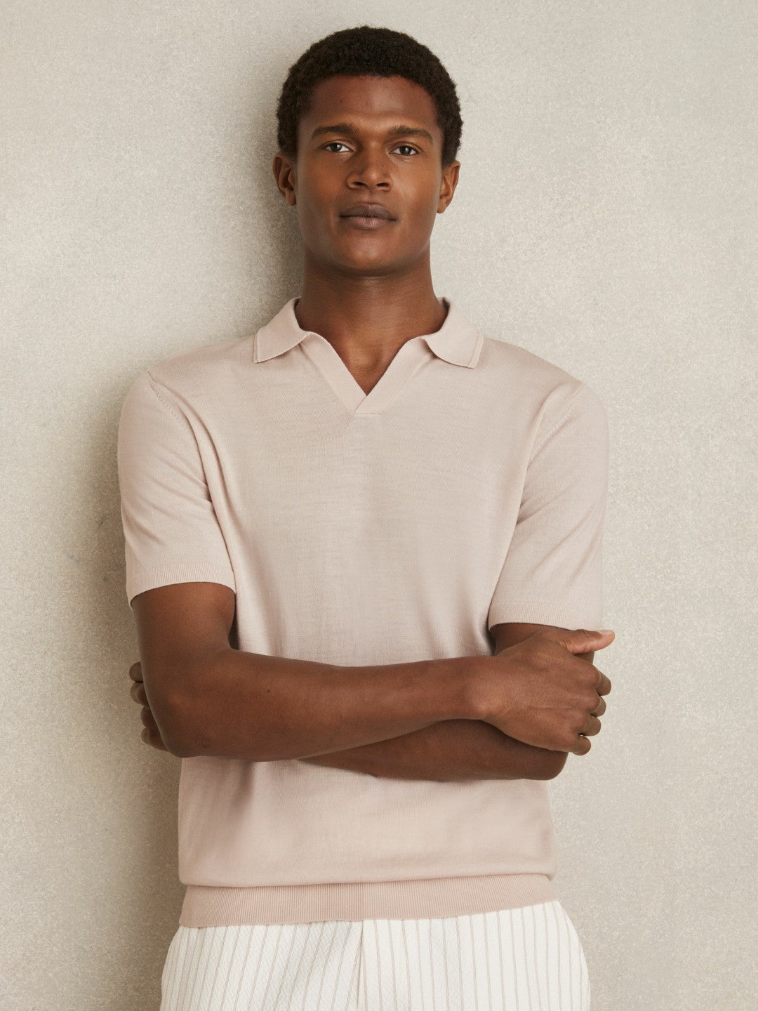 Merino Wool Open Collar Polo Shirt Beige | Mens