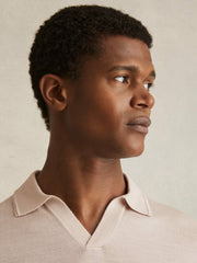 Merino Wool Open Collar Polo Shirt Beige | Mens