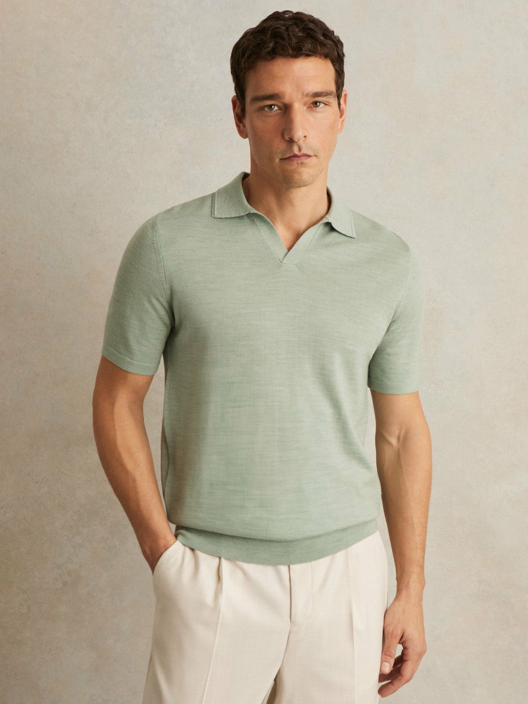 Merino Wool Open Collar Polo Shirt Sage Green Melange | Mens