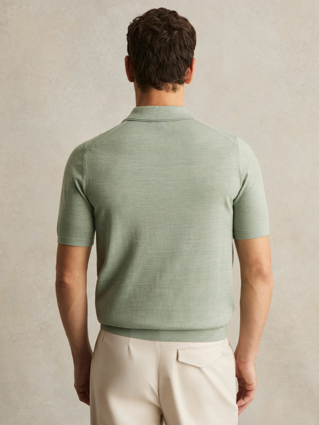 Merino Wool Open Collar Polo Shirt Sage Green Melange | Mens