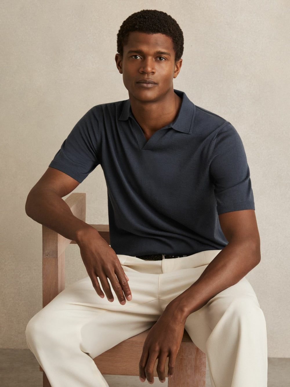 Merino Wool Open Collar Polo Shirt Midnight Navy | Mens