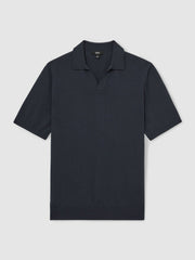 Merino Wool Open Collar Polo Shirt Midnight Navy | Mens