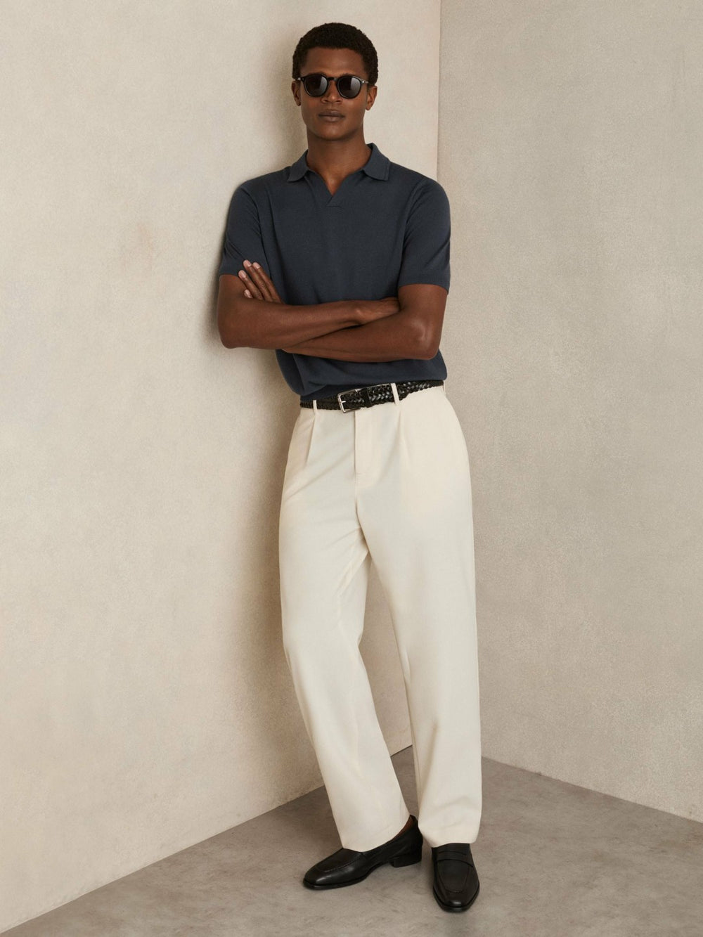 Merino Wool Open Collar Polo Shirt Midnight Navy | Mens