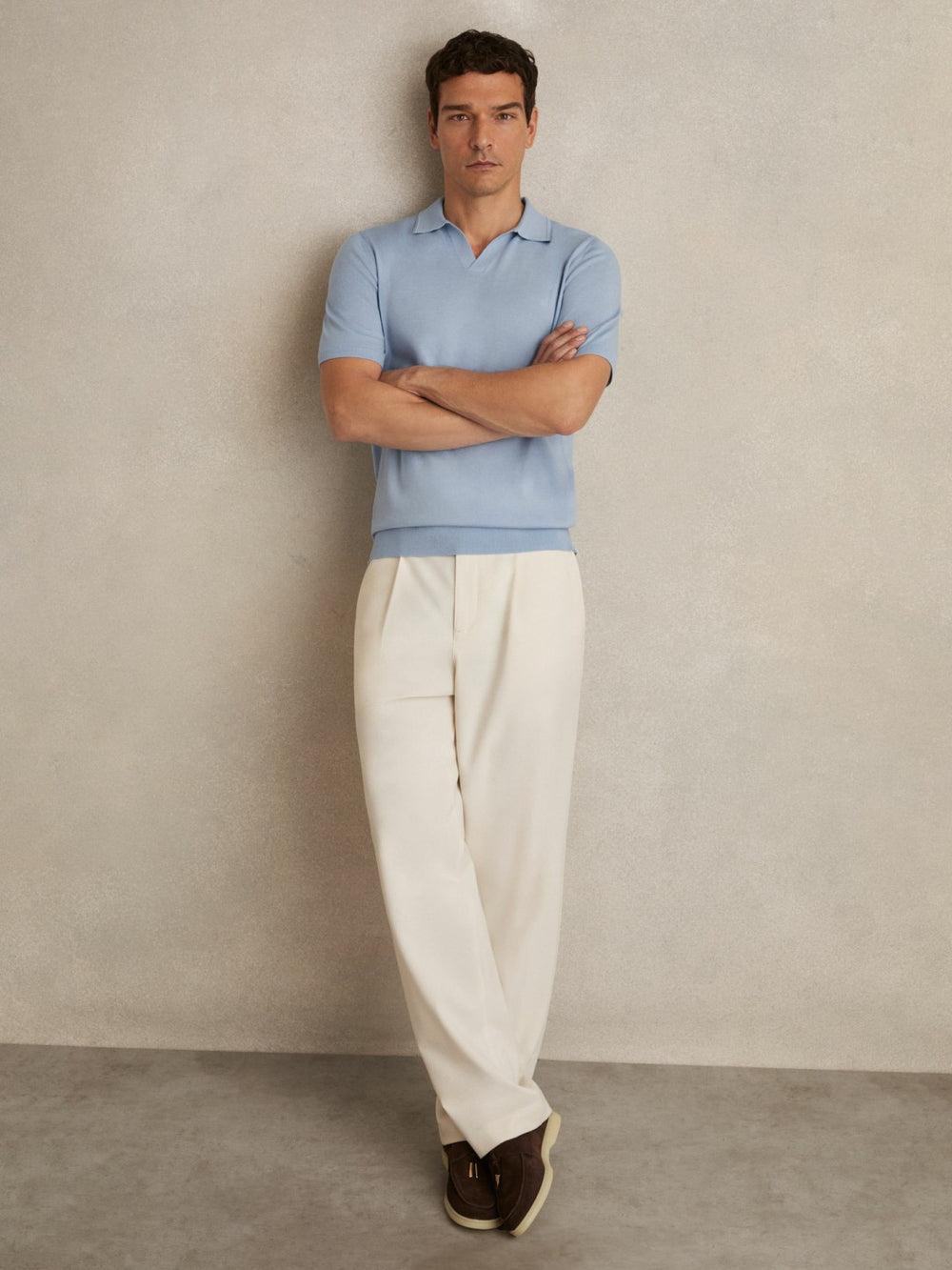 Merino Wool Open Collar Polo Shirt Soft Blue | Mens