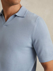 Merino Wool Open Collar Polo Shirt Soft Blue | Mens