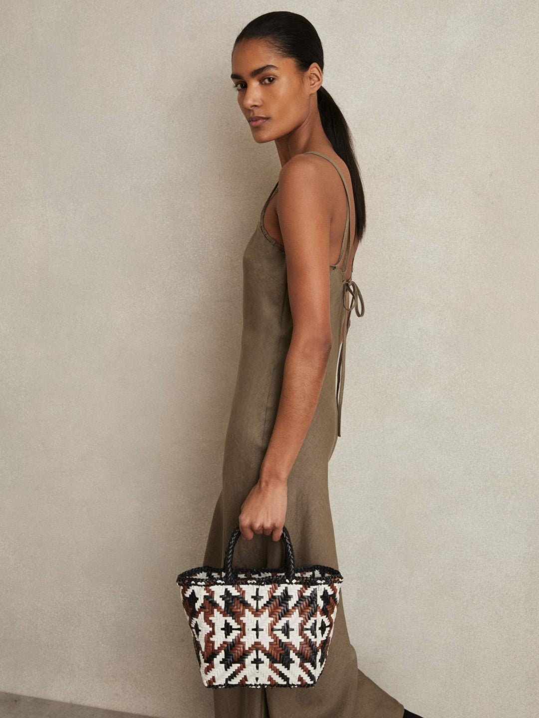 Small Leather Woven Tote Bag Tan/White/Black | Womens