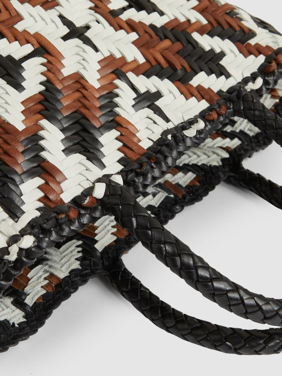 Small Leather Woven Tote Bag Tan/White/Black | Womens