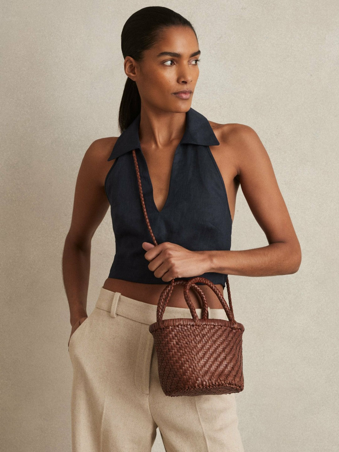 Leather Woven Mini Tote Bag Tan | Womens