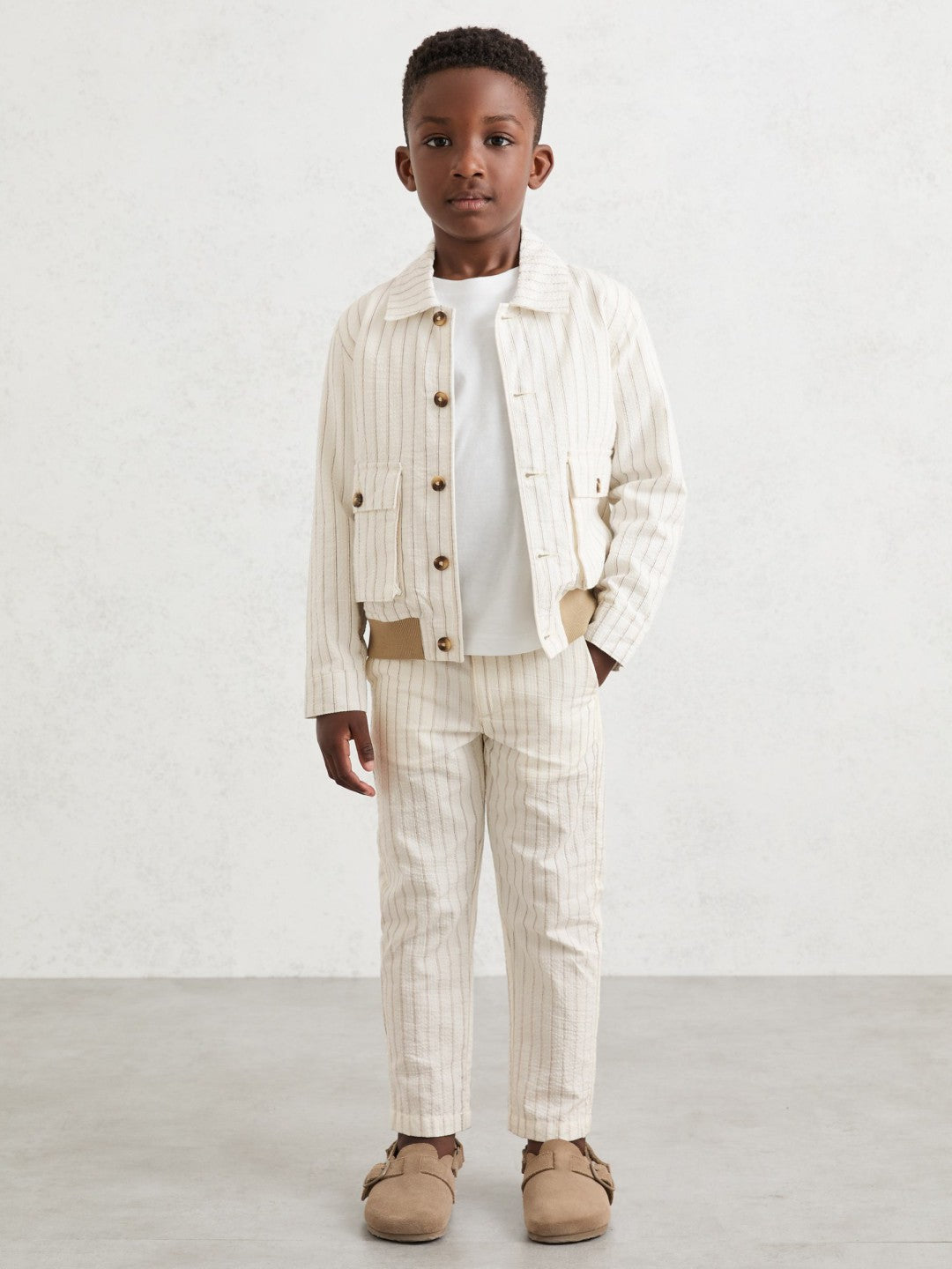 13-14 yrs Cotton Pinstripe Harrington Jacket Off White/Taupe Brown | Children