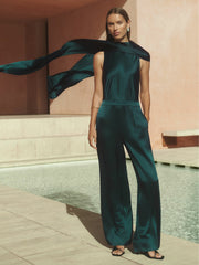 Satin Cape-Sash Jumpsuit Teal Green | Womens