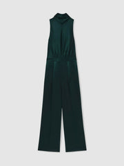 Satin Cape-Sash Jumpsuit Teal Green | Womens