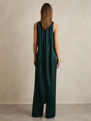 Satin Cape-Sash Jumpsuit Teal Green | Womens