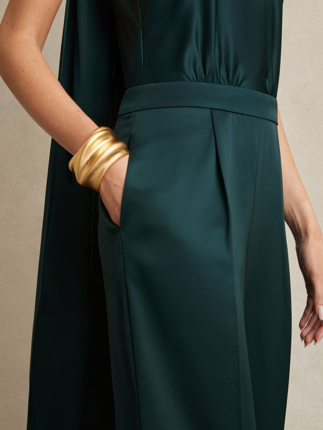 Satin Cape-Sash Jumpsuit Teal Green | Womens