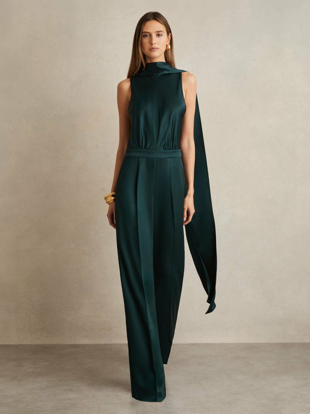 Satin Cape-Sash Jumpsuit Teal Green | Womens