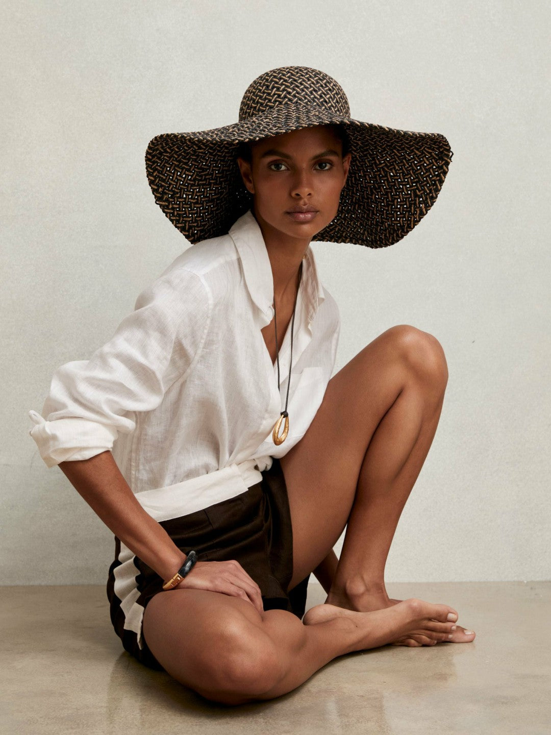 Straw Basket-Weave Sun Hat Black/Natural | Womens