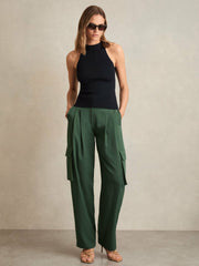 Petite Wide-Leg Pleated Cargo Trousers Green | Womens