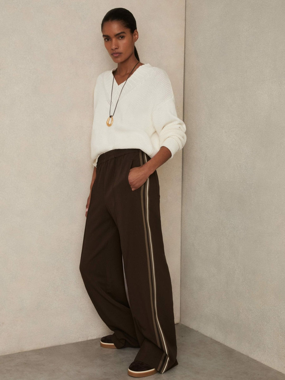 Side-Stripe Wide-Leg Trousers Chocolate Brown | Womens