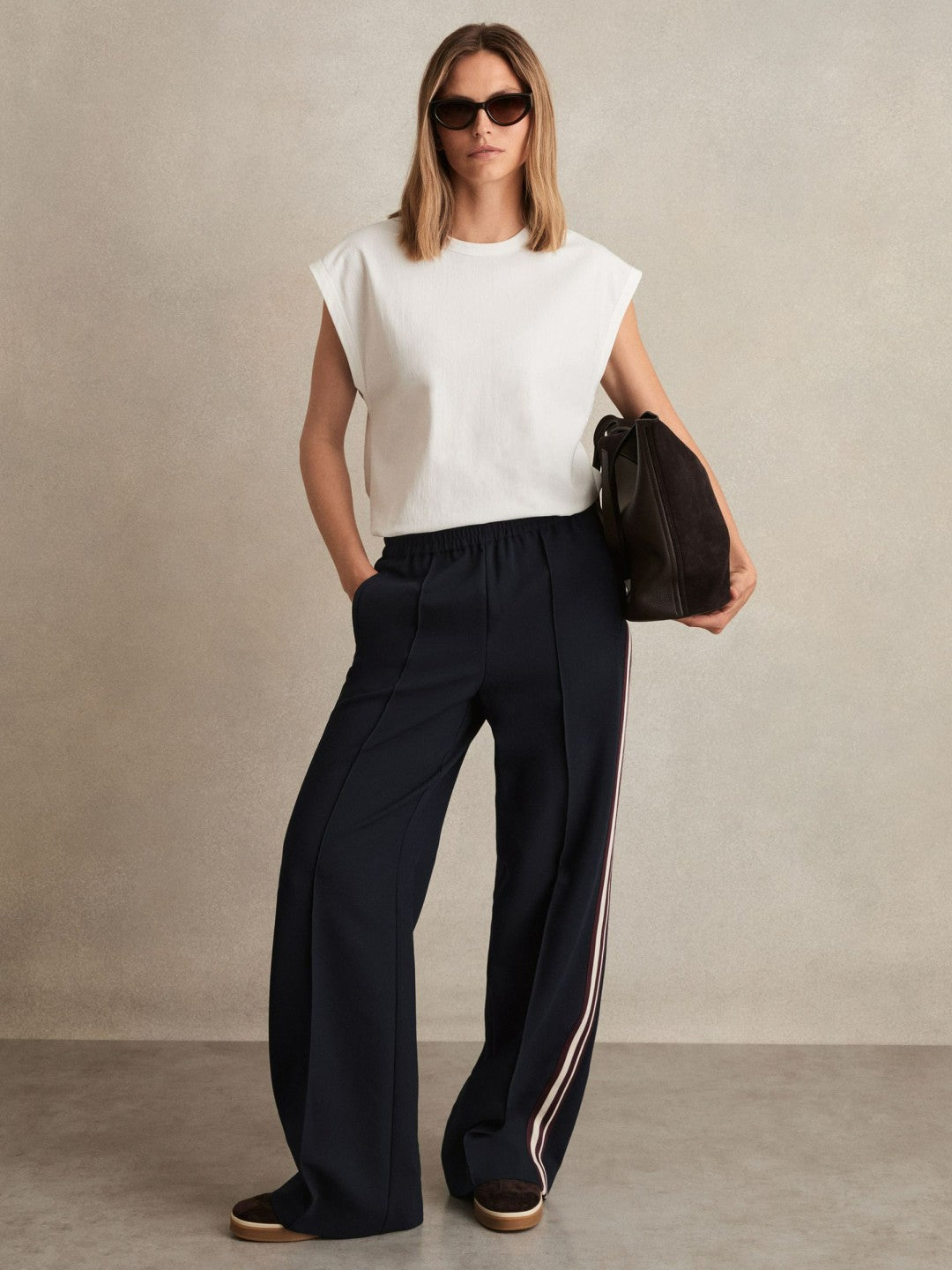 Petite Side-Stripe Wide-Leg Trousers Navy | Womens