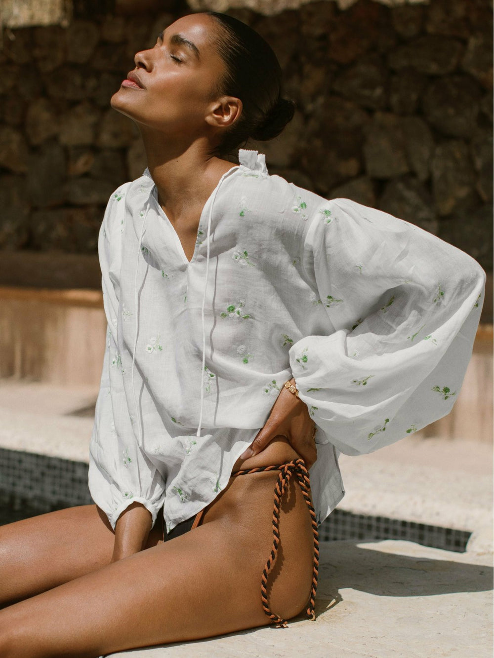 Floral-Embroidered Tie-Neck Blouse Ramie-Lyocell Ivory | Womens