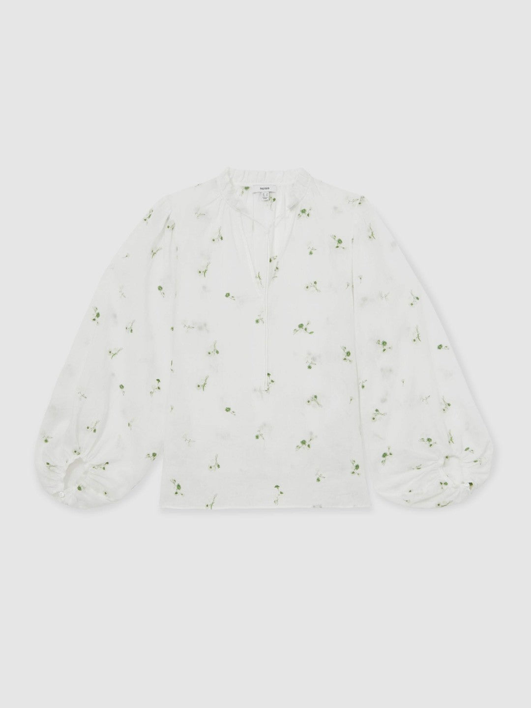 Floral-Embroidered Tie-Neck Blouse Ramie-Lyocell Ivory | Womens