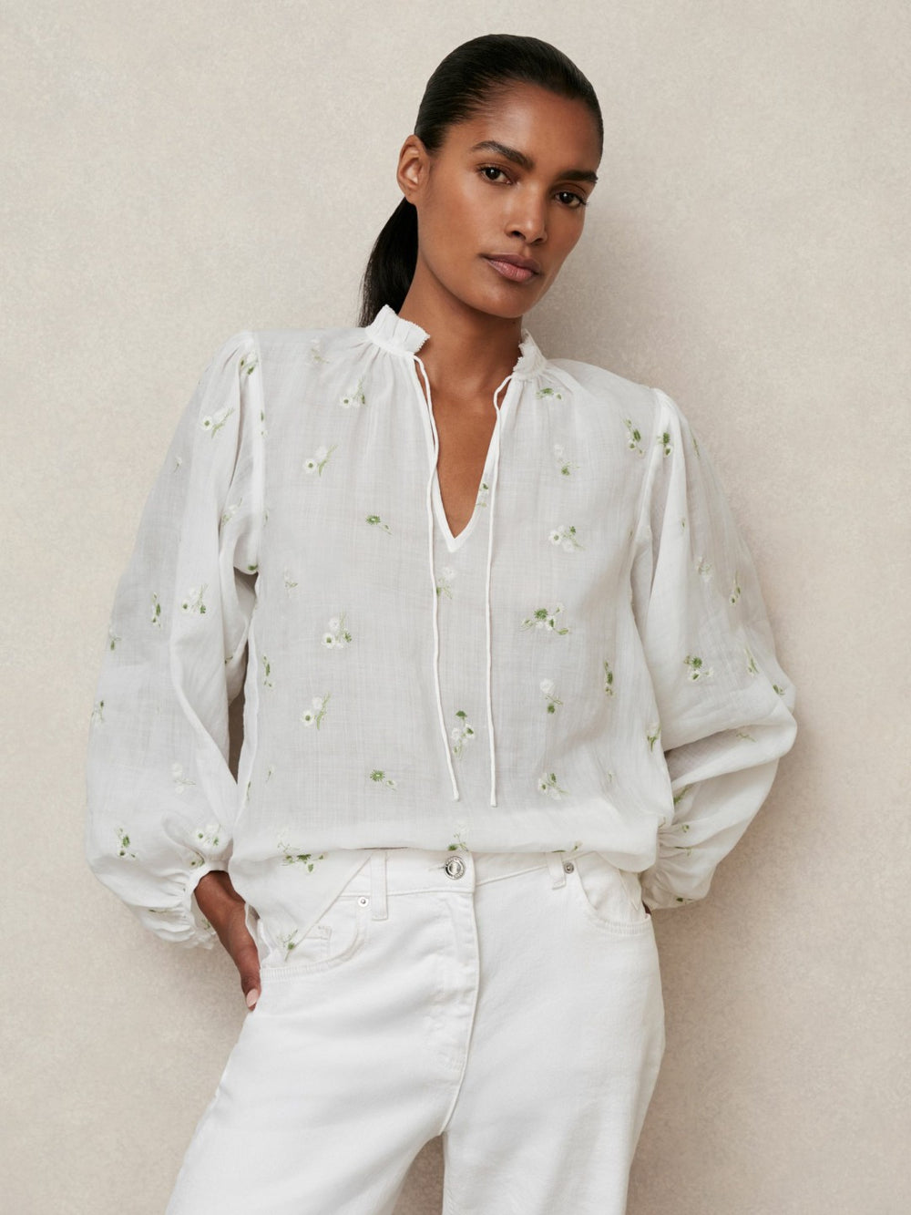 Floral-Embroidered Tie-Neck Blouse Ramie-Lyocell Ivory | Womens