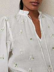 Floral-Embroidered Tie-Neck Blouse Ramie-Lyocell Ivory | Womens