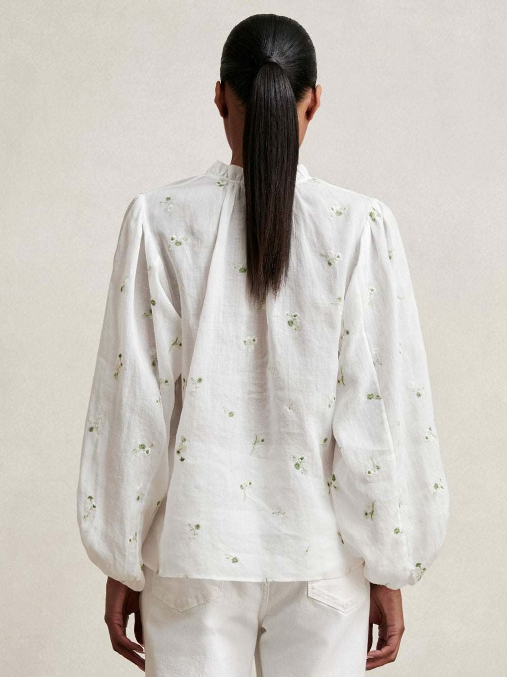 Floral-Embroidered Tie-Neck Blouse Ramie-Lyocell Ivory | Womens