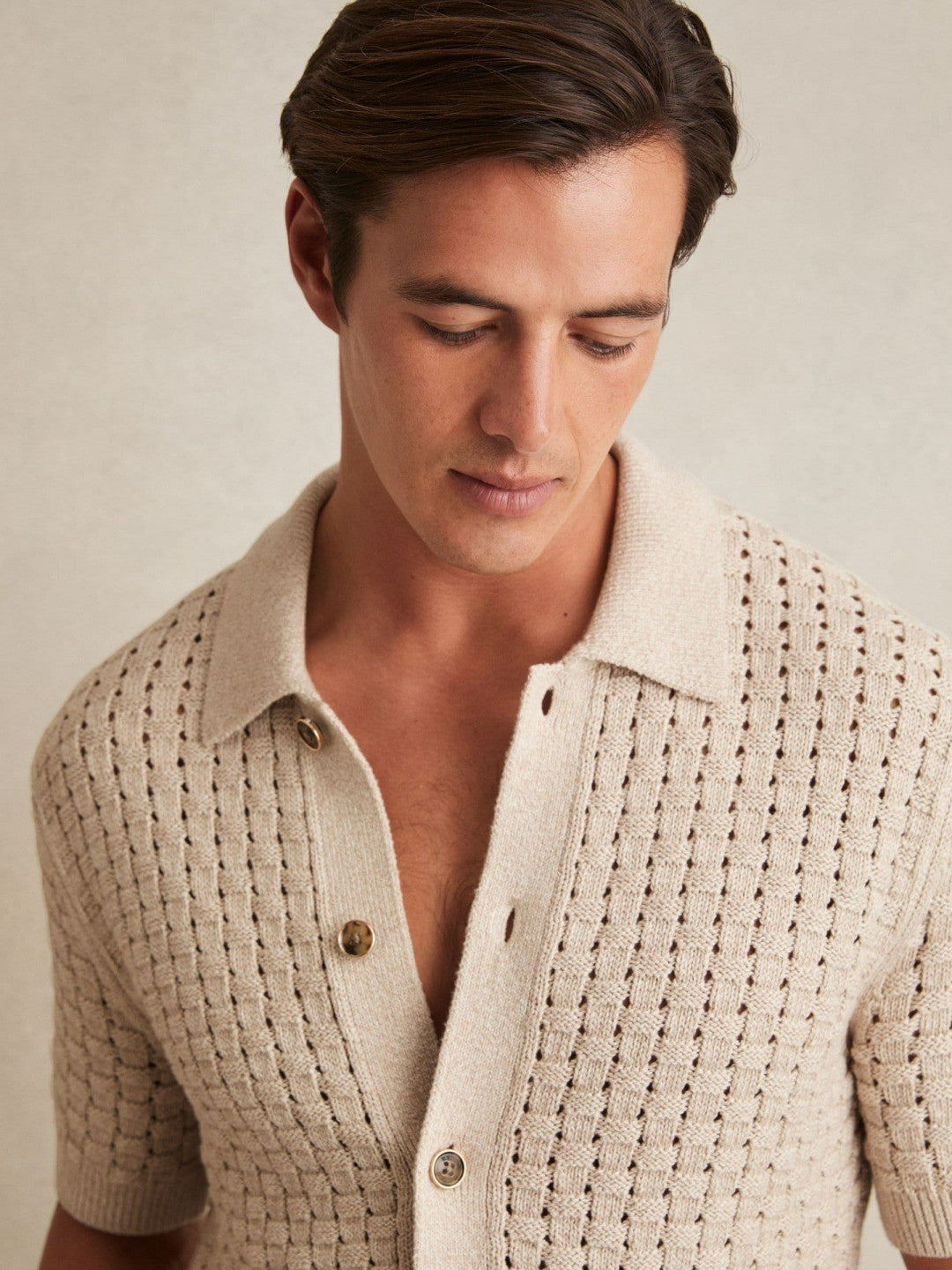 Basketweave Knit Button Through Cotton Blend Shirt Stone | Mens