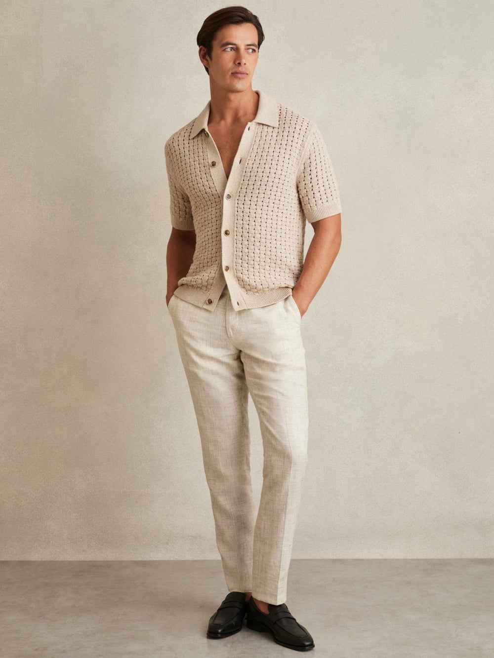 Basketweave Knit Button Through Cotton Blend Shirt Stone | Mens