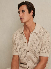 Basketweave Knit Button Through Cotton Blend Shirt Stone | Mens