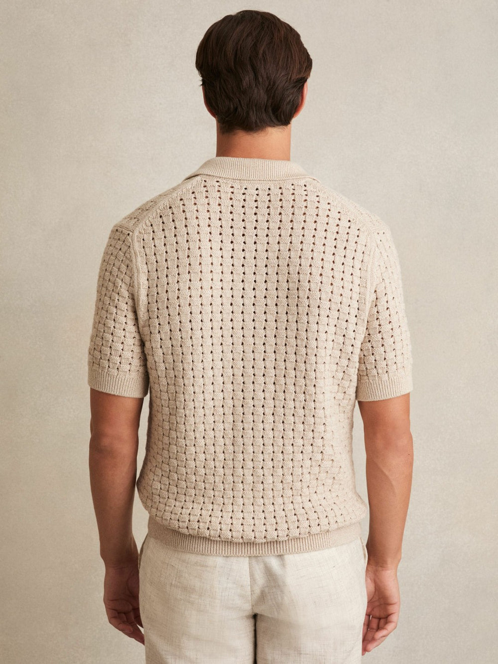 Basketweave Knit Button Through Cotton Blend Shirt Stone | Mens