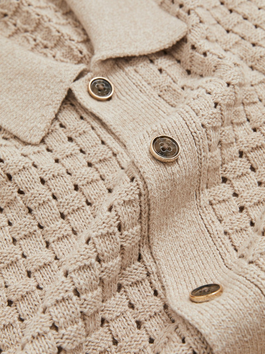Basketweave Knit Button Through Cotton Blend Shirt Stone | Mens