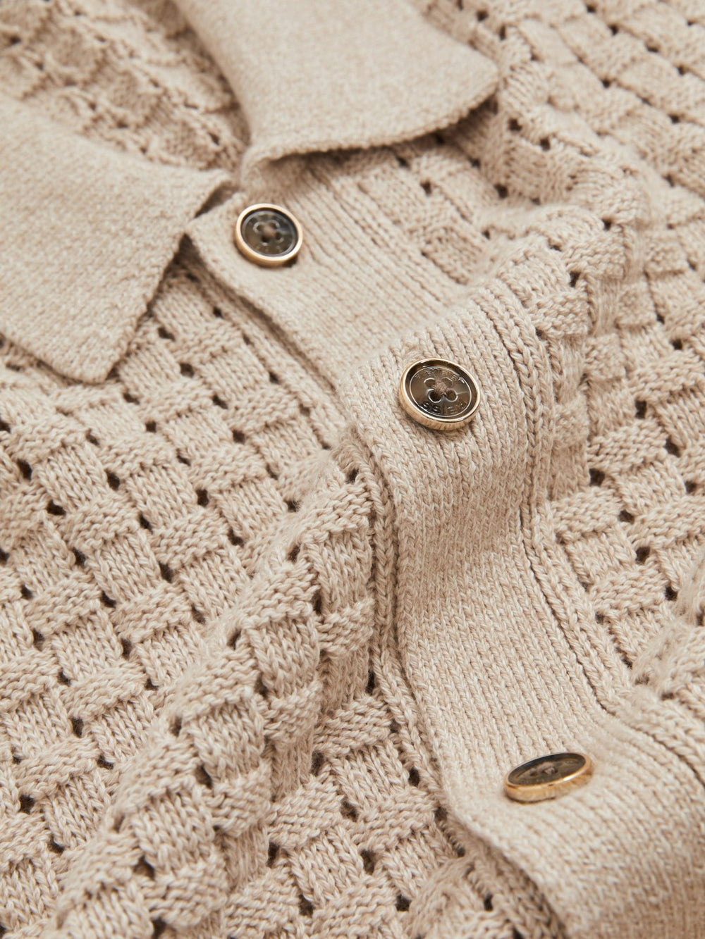 Basketweave Knit Button Through Cotton Blend Shirt Stone | Mens