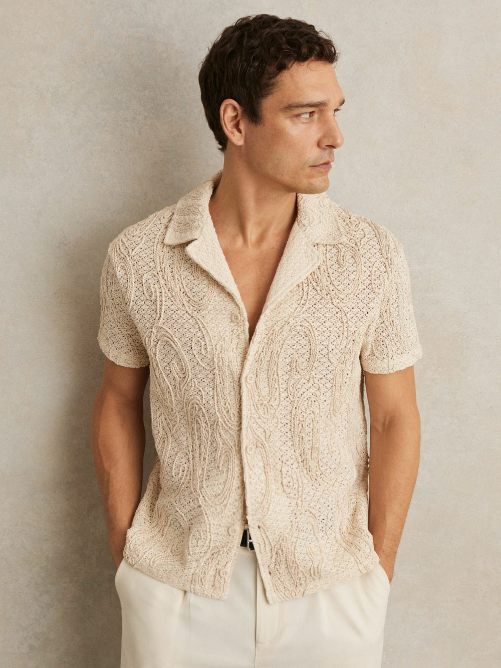 Cotton-Blend Embroidered Crochet Shirt Oatmeal | Mens