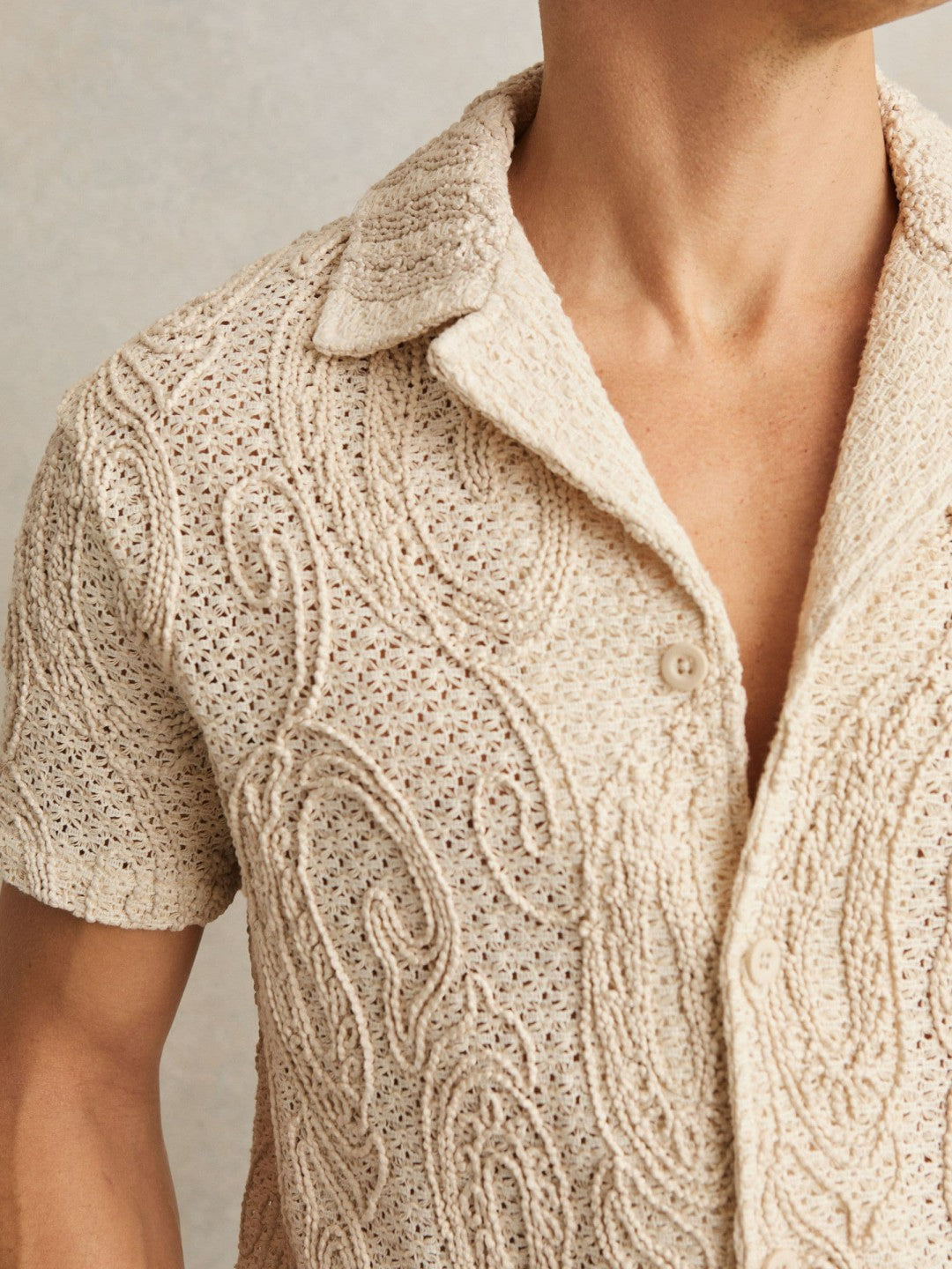Cotton-Blend Embroidered Crochet Shirt Oatmeal | Mens