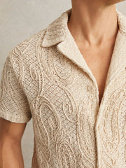 Cotton-Blend Embroidered Crochet Shirt Oatmeal | Mens