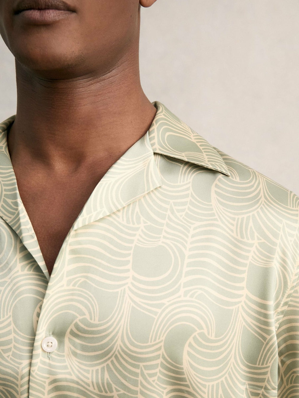 Wave Print Cuban Collar Shirt Sage Green | Mens