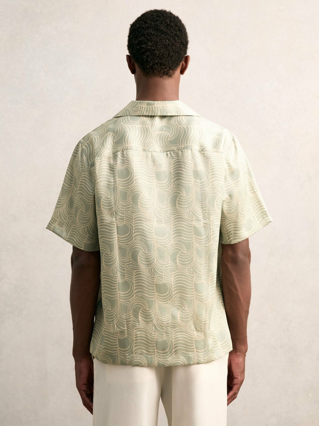 Wave Print Cuban Collar Shirt Sage Green | Mens