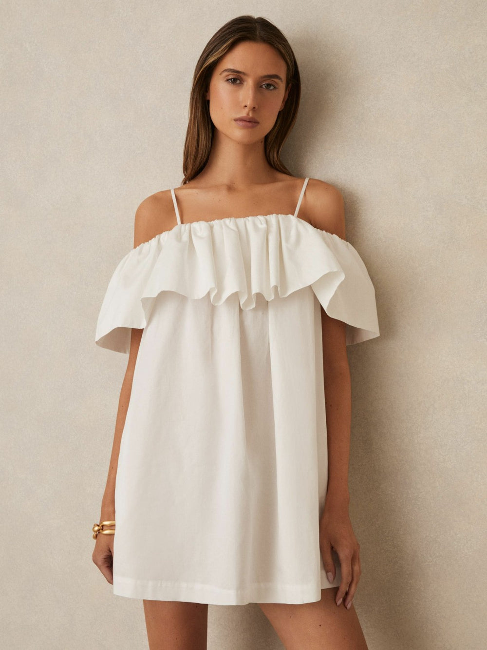 Cotton Off Shoulder Mini Dress Ivory Cream | Womens