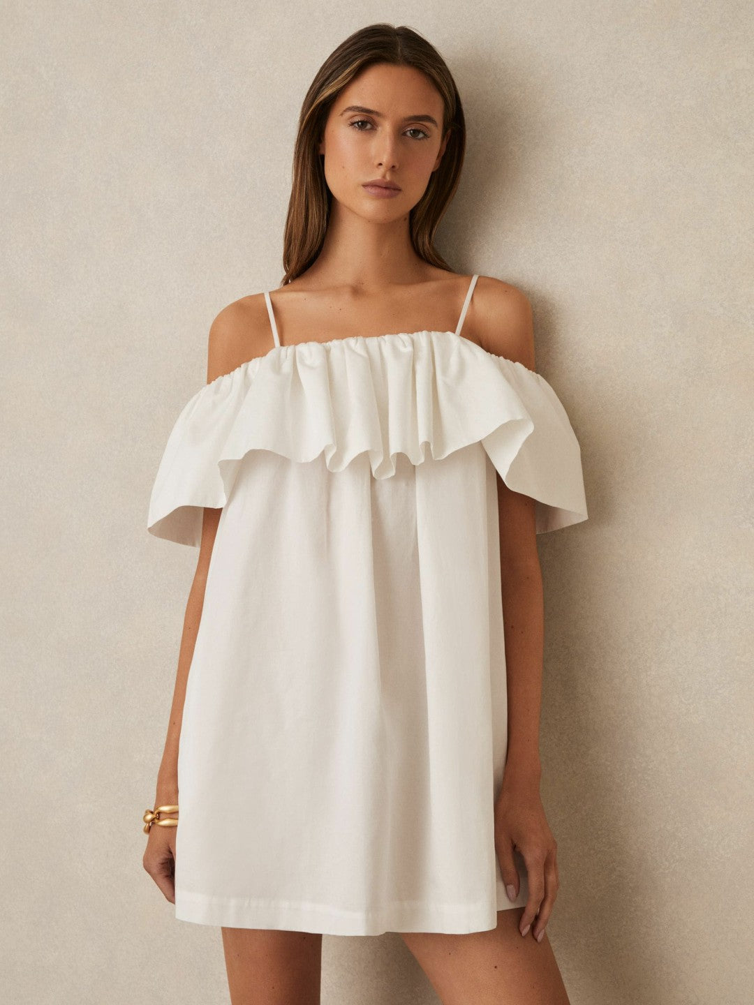 Cotton Off Shoulder Mini Dress Ivory Cream | Womens