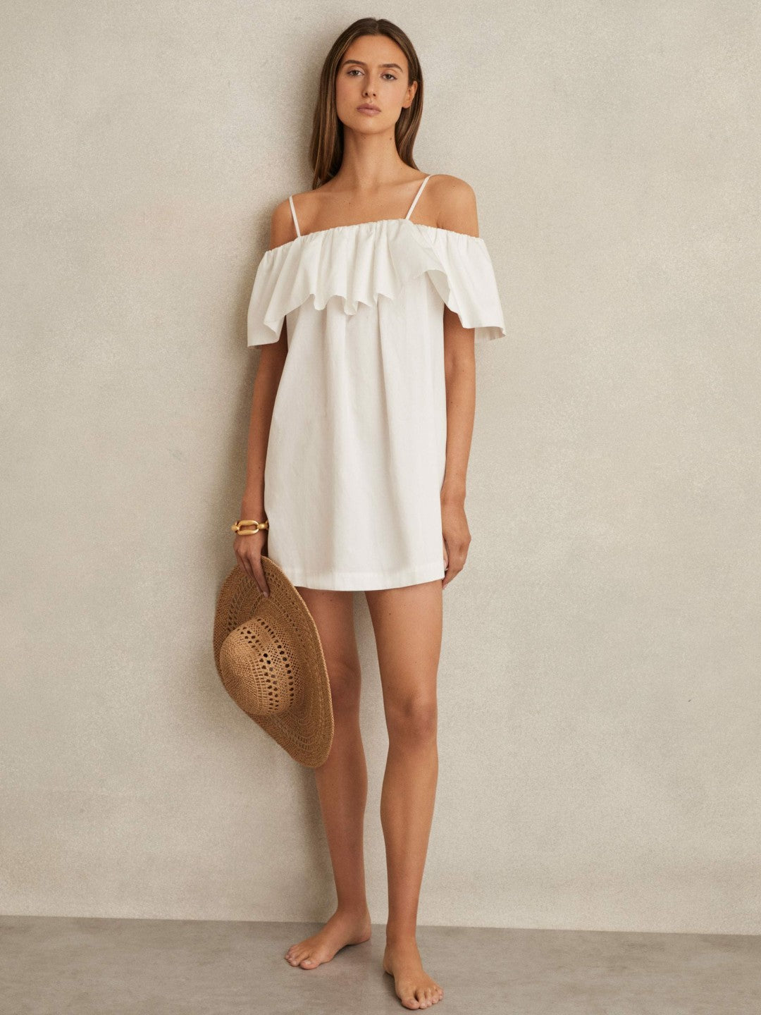 Cotton Off Shoulder Mini Dress Ivory Cream | Womens