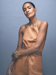 Linen Halterneck Cut Out Playsuit Brown | Womens