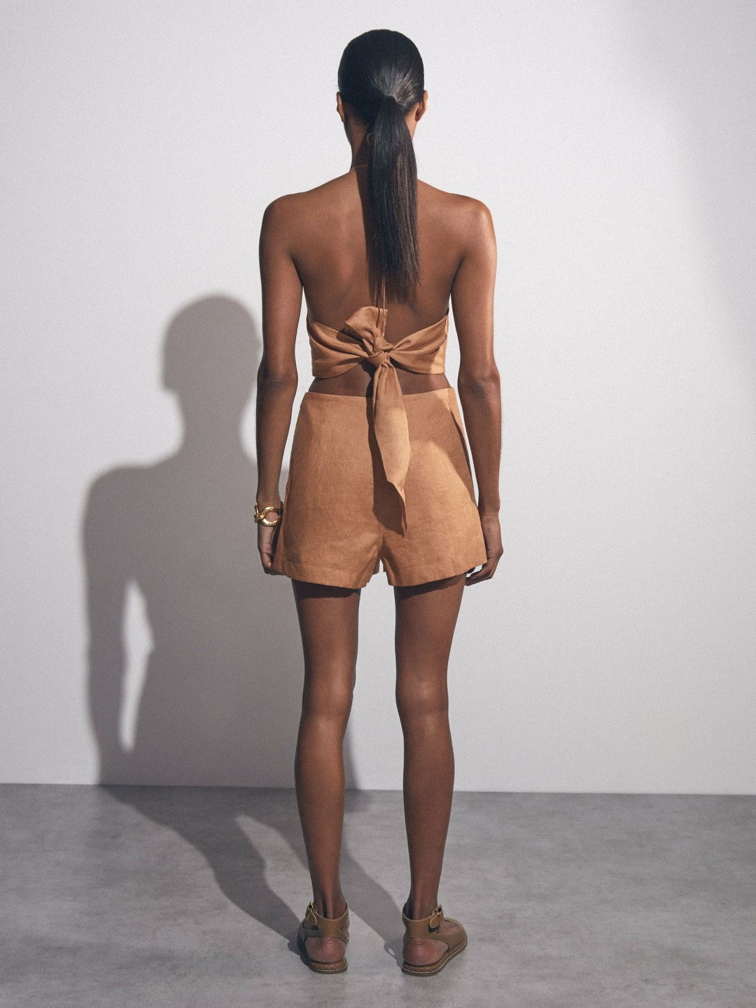 Linen Halterneck Cut Out Playsuit Brown | Womens